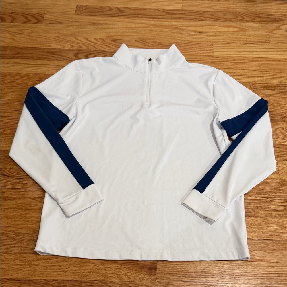 Men's White Quarter-Zip Performance Shirt with Navy Sleeve Stripes